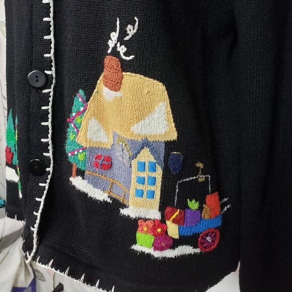 Vintage In Stitches Black Knit Holiday Christmas Cardigan Sweater womens L large - Picture 2 of 9